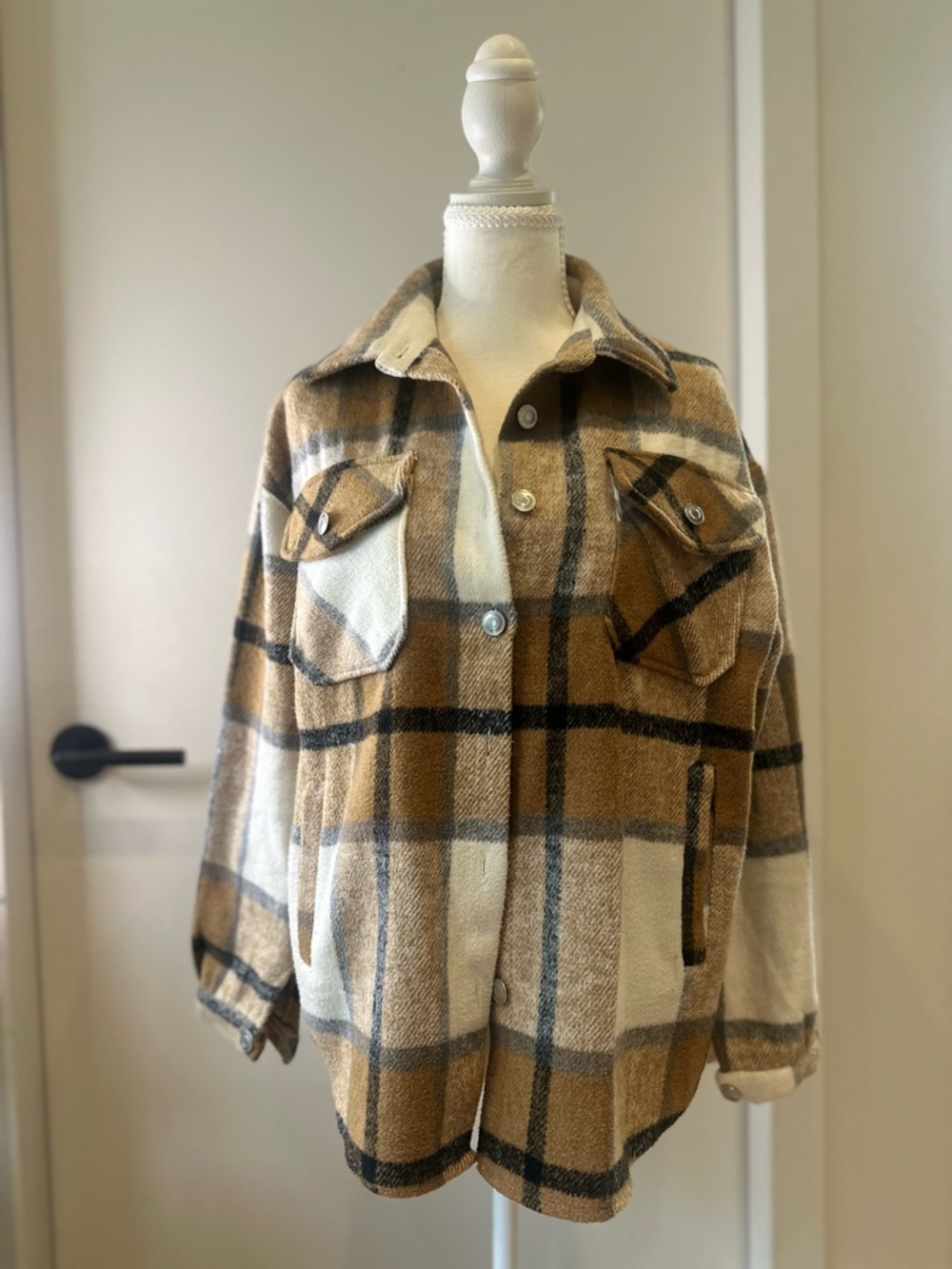 Amazon Plaid Button-Down Shacket in Camel, Black & Cream